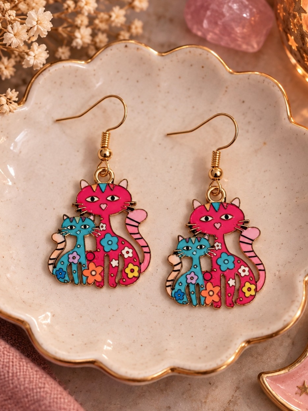 Colorful Cat Duo Gold-Tone Dangle Earrings – Whimsical Floral Kitty Jewelry New